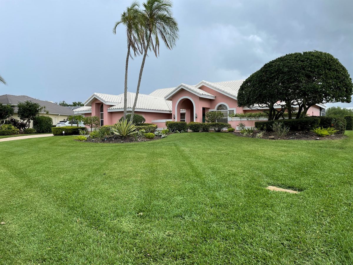 Freshly stripe-mowed front lawn framed by royal palms and clipped hedges at a Bradenton-area home