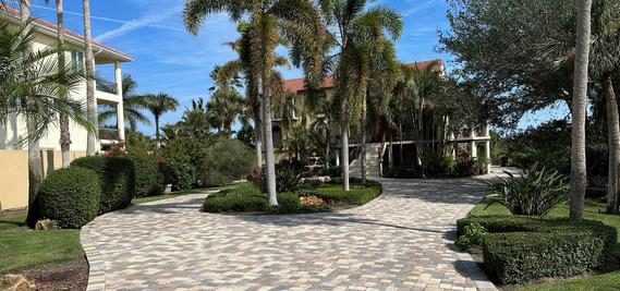 Curved paver driveway lined with royal palms and low clipped hedges