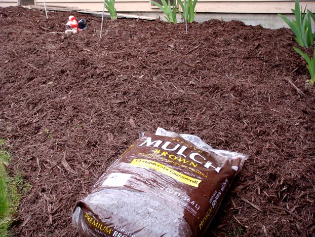 Freshly spread brown mulch in a planting bed with a bag of mulch alongside